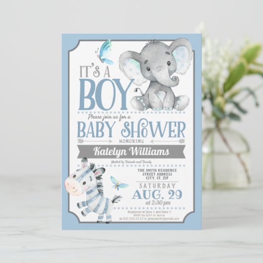 Boy Elephant und Zebra Baby Shower Einladung (Stehend Vorderseite)