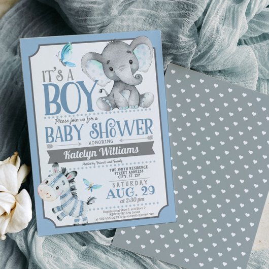 Boy Elephant und Zebra Baby Shower Einladung