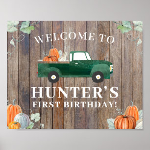 Boy Fall Birthday Green Truck und Pumpkins Willkom Poster