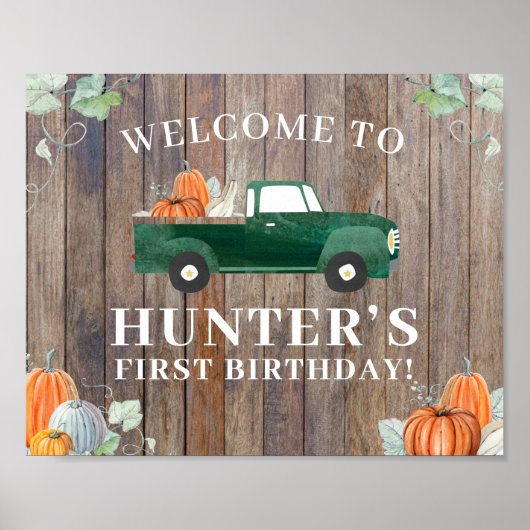 Boy Fall Birthday Green Truck und Pumpkins Willkom Poster (Vorne)