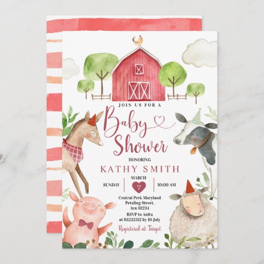Boy Farm Animals Barnyard Baby Dusche Einladung (Vorne/Hinten)