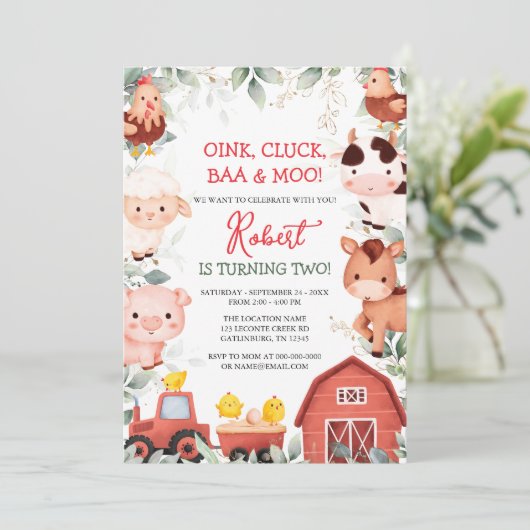 Boy Farm Animals Barnyard Geburtstag Einladung (Stehend Vorderseite)