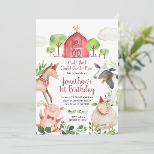 Boy Farm Animals Barnyard Geburtstag Einladung (Stehend Vorderseite)
