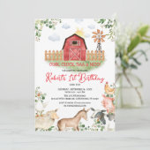 Boy Farm Animals Barnyard Red Gingham Birthday Einladung (Stehend Vorderseite)