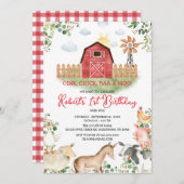 Boy Farm Animals Barnyard Red Gingham Birthday Einladung (Vorne/Hinten)