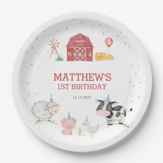 Boy Farm Animals Red Birthday Pappteller (Vorderseite)