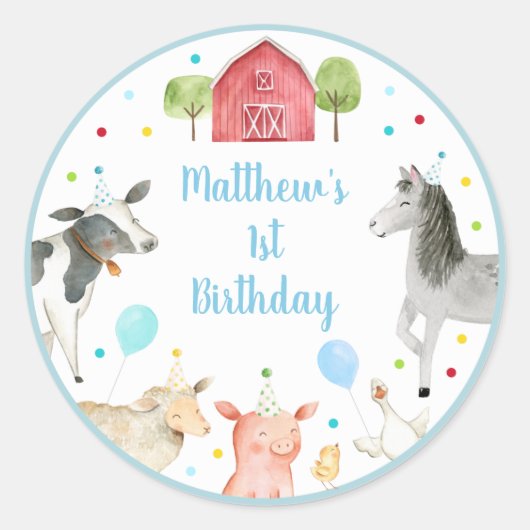 Boy Farm Barnyard Birthday Classic Round Sticker (Vorderseite)