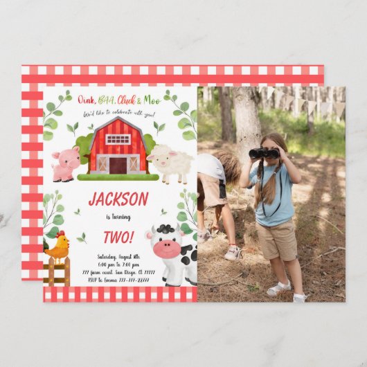 Boy Farm Birthday Party Foto Einladung (Vorne/Hinten)