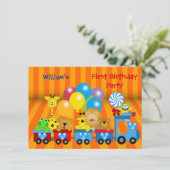 Boy First Birthday 1. Train Zoo Animals Party Einladung (Stehend Vorderseite)