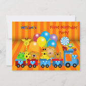Boy First Birthday 1. Train Zoo Animals Party Einladung (Vorderseite)