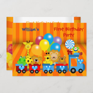 Boy First Birthday 1. Train Zoo Animals Party Einladung