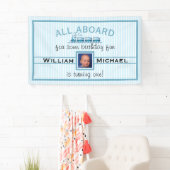 Boy First Birthday Blue Trains Banner (Insitu)