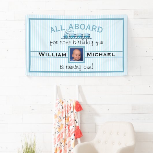 Boy First Birthday Blue Trains Banner (Insitu)