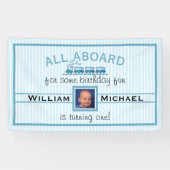 Boy First Birthday Blue Trains Banner (Horizontal)