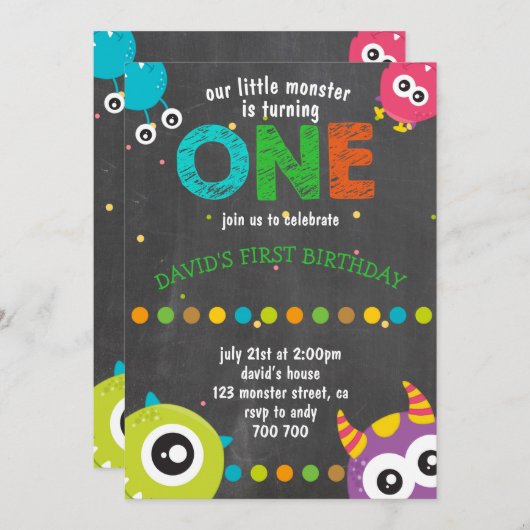 Boy First Birthday Chalkboard Monster Niedlich Einladung (Vorne/Hinten)
