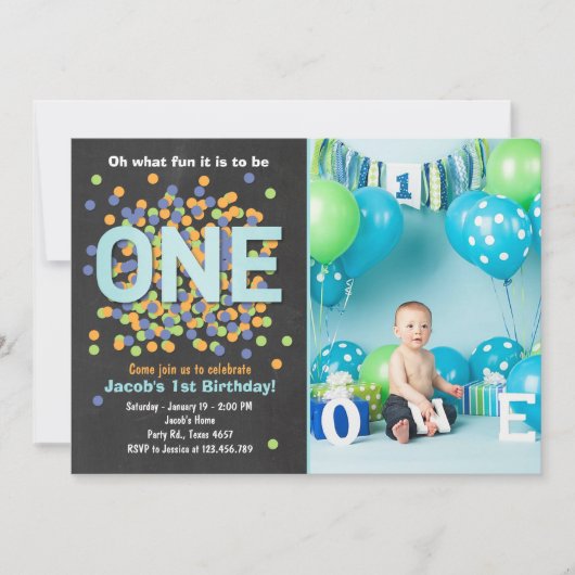 Boy First Birthday Einladung Confetti ONE blau (Vorderseite)