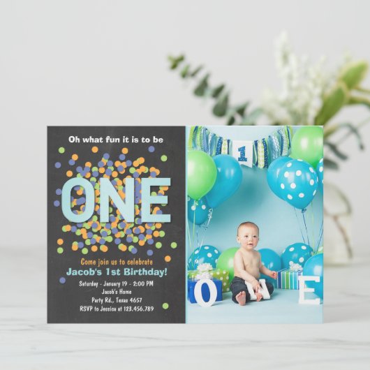 Boy First Birthday Einladung Confetti ONE blau (Stehend Vorderseite)