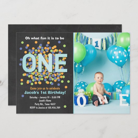 Boy First Birthday Einladung Confetti ONE blau (Vorne/Hinten)