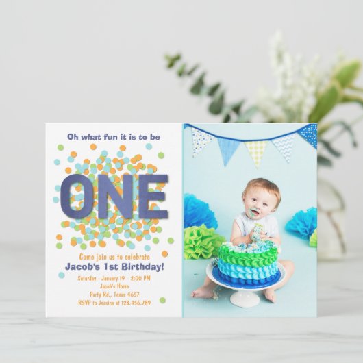 Boy First Birthday Einladung Confetti ONE blau (Stehend Vorderseite)