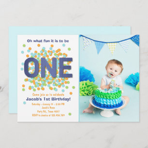Boy First Birthday Einladung Confetti ONE blau