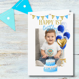 Boy First Birthday Foto Blue Gold Ballon Niedlich Karte
