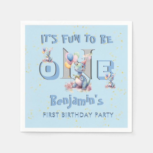 Boy First Birthday Fun One Dinosaur Cocktail Serviette (Vorderseite)