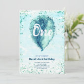 Boy First Birthday Glitzer Blue Balloon Einladung (Stehend Vorderseite)