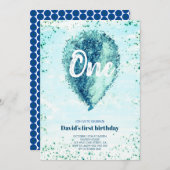 Boy First Birthday Glitzer Blue Balloon Einladung (Vorne/Hinten)