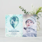 Boy First Birthday Glitzer Blue Balloon Foto Einladung (Stehend Vorderseite)
