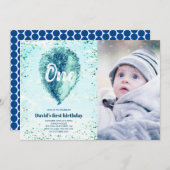 Boy First Birthday Glitzer Blue Balloon Foto Einladung (Vorne/Hinten)