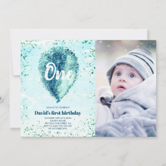 Boy First Birthday Glitzer Blue Balloon Foto Einladung