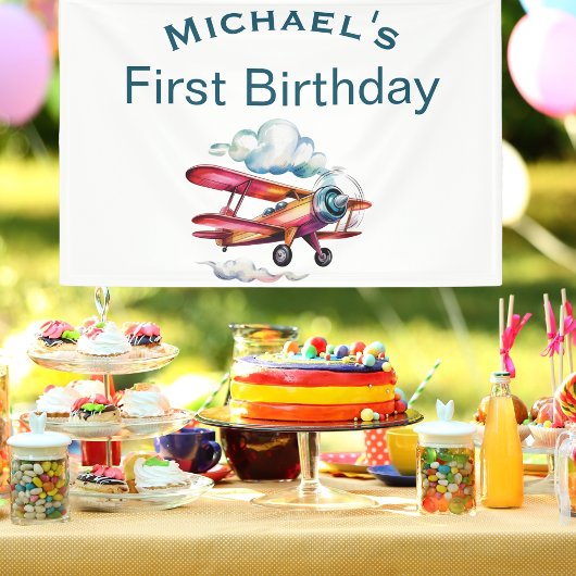 Boy First Birthday Individuelle Name Flugzeug Avia Banner