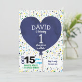 Boy First Birthday Navy Heart Balloon Confetti Einladung (Stehend Vorderseite)