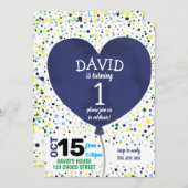 Boy First Birthday Navy Heart Balloon Confetti Einladung (Vorne/Hinten)