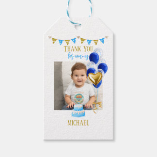 Boy First Birthday Photo Blue Gold Balloon Cute Geschenkanhänger