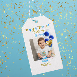 Boy First Birthday Photo Blue Gold Balloon Cute Geschenkanhänger