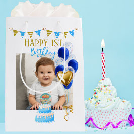 Boy First Birthday Photo Blue Gold Balloon Cute Mittlere Geschenktüte