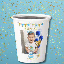 Boy First Birthday Photo Blue Gold Balloon Cute Pappbecher