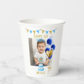 Boy First Birthday Photo Blue Gold Balloon Cute Pappbecher (Vorderseite)