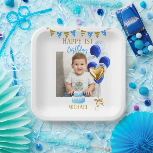 Boy First Birthday Photo Blue Gold Balloon Cute Pappteller (Party)