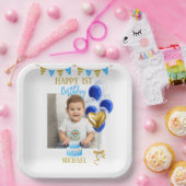 Boy First Birthday Photo Blue Gold Balloon Cute Pappteller (Party)