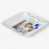 Boy First Birthday Photo Blue Gold Balloon Cute Pappteller (Gewinkelt)