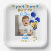 Boy First Birthday Photo Blue Gold Balloon Cute Pappteller (Vorderseite)