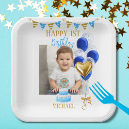 Boy First Birthday Photo Blue Gold Balloon Cute Pappteller