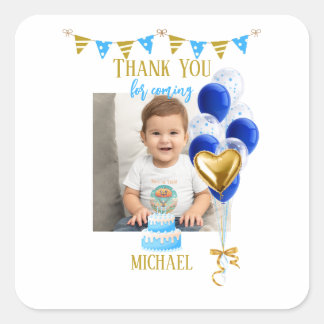 Boy First Birthday Photo Blue Gold Balloon Cute Quadratischer Aufkleber