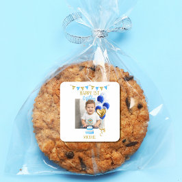 Boy First Birthday Photo Blue Gold Balloon Cute Quadratischer Aufkleber