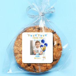 Boy First Birthday Photo Blue Gold Balloon Cute Quadratischer Aufkleber