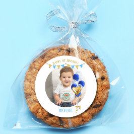 Boy First Birthday Photo Blue Gold Balloon Cute Runder Aufkleber