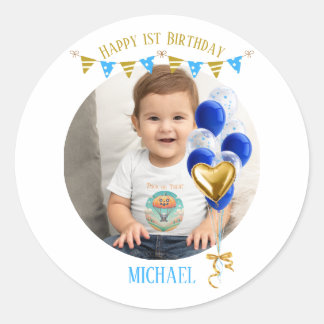 Boy First Birthday Photo Blue Gold Balloon Cute Runder Aufkleber