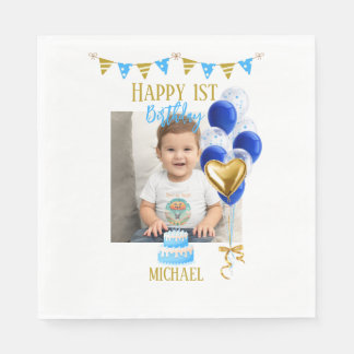 Boy First Birthday Photo Blue Gold Balloon Cute Serviette